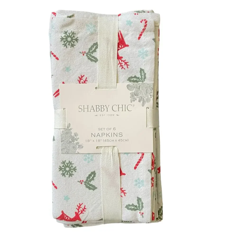 Shabby Chic Christmas Dinner Napkins Set of 6 Reindeer Candy Cane Holly 18x18